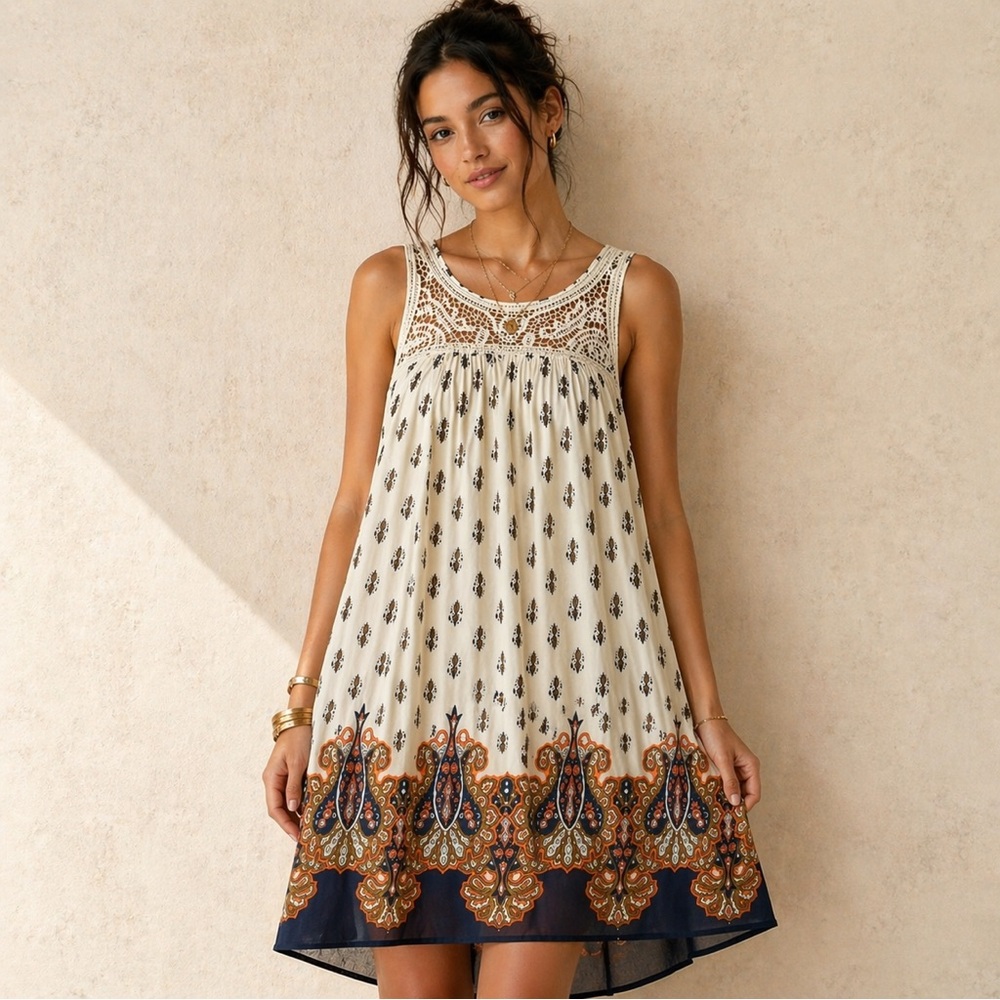 Blu Pepper Cream and Navy Sleeveless Crochet Yoke Boho Dress